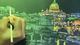 How To Draw A Scenery / City At Night / Scratch Card Art