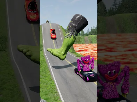 Weird Cars and Motorcycles GO TO Downhill to SPINNING Hulk's Foot Kick Crush in BeamNG.Drive