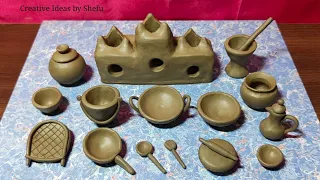 How to make miniature kitchen set || mitti ki kitchen set kaise banaye