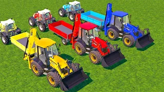 JCB Tractor Excavator of Colors! Flatbed Trailer and Backhoe JCB 3CX Loader Work