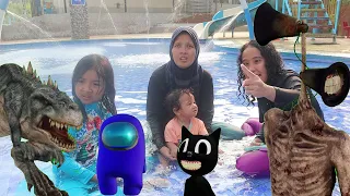 Drama lagi berenang tiba-tiba muncul siren head, cartoon cat dan cartoon dog di waterpark
