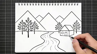 🛑🔥CÓMO DIBUJAR UN PAISAJE CON MONTAÑAS, RÍO Y CASA | DIBUJO FÁCIL PASO A PASO A LÁPIZ 🖊️🏞️ 
