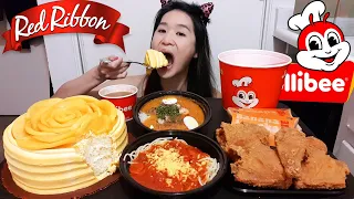 Huge Jollibee & Red Ribbon Blowout! NEW Banana Pie, Mango Nirvana Cake, Chickenjoy, Noodles -Mukbang
