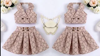 Plaid Lapel Collar Double Breasted Baby Shirt Style Top With Pleated Skirt Cutting and Stitching
