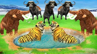 Tiger vs Buffalos | Woolly Mammoth Helps Buffalos from Hungry Tiger - Animal Revolt Battle