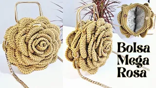 BOLSA MEGA ROSA EM CROCHÊ COM FORRO E FECHAMENTO COM ABA FEITA COM FIO NÁUTICO