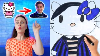 How to draw Pugsley Addams Wednesday 2 + Hello Kitty and other characters