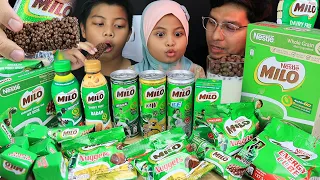 MILO Themed SNACKS & DRINKS! 💚 nuggets bar, energycube, cereal, MILO ICE KAW, BADAM [FAMILY MUKBANG]