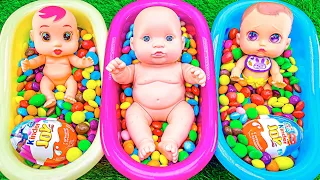 ASMR Satisfying - Rainbow Three BathTubs Mixing Glitter Candy with Magic 3 Dolls - Cutting Video
