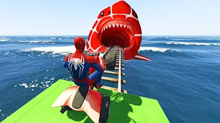 الأبطال الخارقين على القضبان دوامة قمع جسر 🕷️🏍️ RAINBOW SPIDER MAN! on Motorcycle in Spiral Bridge