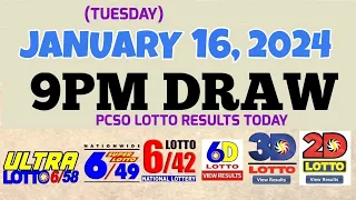 Lotto Result Today 9pm draw January 16, 2024 6/58 6/49 6/42 6D Swertres Ez2 PCSO#lotto