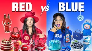 Using Only *Red Blue* Things and Food For 24 Hours Challenge 🥰