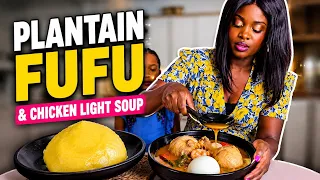 Serving plantain fufu and chicken light soup | ghanaian family meal