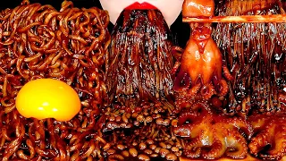 ASMR BLACK BEAN ENOKI MUSHROOMS BABY OCTOPUS TRUFFLE BLACK BEAN NOODLES 짜장불닭팽이버섯 트러플짜파게티 먹방 MUKBANG