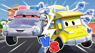 POLICE CAR ROBOT vs. TICKLE TRUCK! Who will win?  | SuperTruck - Rescue | Trucks Videos for Children