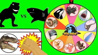 DINOSAURS vs SHARKS GAME | Surprise Dinosaur + Shark Toys | Slime Wheel Games for