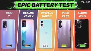 Oneplus Nord 2 vs Poco F3 GT, iQOO 7, Realme X7 Max Battery Drain Test | Charging | Gaming Test