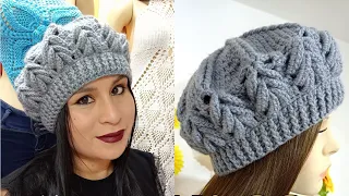 Como tejer la Boina N° 32 a crochet o ganchillo para niñas y mujer en punto Espiga paso a paso