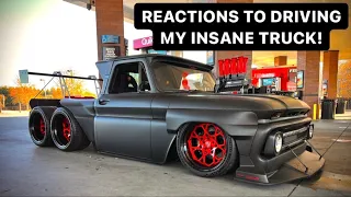 REACTIONS TO DRIVING MY INSANE TRUCK AROUND TOWN FOR THE FIRST TIME! C10 SLAYER