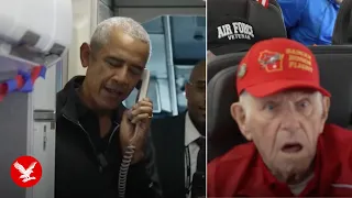 Barack Obama surprises plane full of veterans arriving in Washington