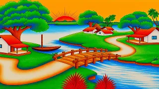 How to Draw Easy Village Scenery with Oil Pastels | Beautiful Landscape Drawing Step by Step