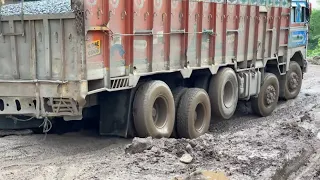 Trucks In Muddy Road | Indian Big Trucks 16 Wheeler & 14 Wheeler Trucks In Mud Road | Trucks In Mud.