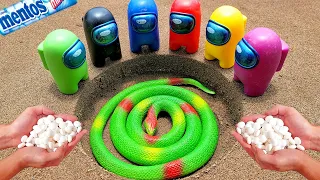 Different Toy Among us Experiment Cola Cola, Fanta, Mirinda, Pepsi, Sprite Toy snake and Mentos