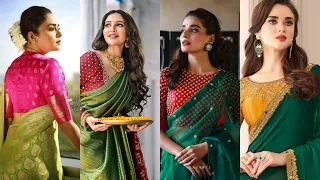 Green saree with contrast blouse | Contrast colour blouse and Saree |Green saree colour combination
