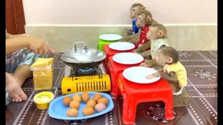 4 Siblings Sit Very Mannerly Waiting Mom To Cook Fried Egg For Them To Eat Very Deliciously ,