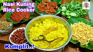 Nasi Kuning Rice Cooker, Plus Orek Tempe, Dadar Rawis, Sambel Terasi, Kacang, dan Teri.
