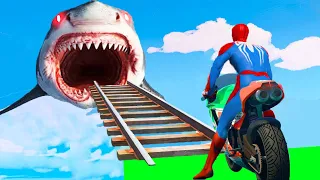 SPIDER-MAN and Shark Super-heroes and Iron-man Ramp Parkour GTA 5