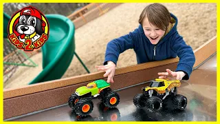 MONSTER TRUCKS PLAY AT THE PARK 🛝 Earth Shaker & Ninja Turtle Save Monster Mutt!