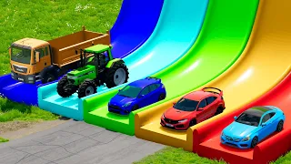 Flatbed Trailer Cars Transportation with Slide Color - Car vs Speed Bump vs Deep Water #5 - BeamNG