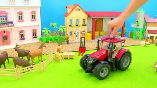 Der rote Traktor fährt zu den Pferden – Arbeit auf dem Bauernhof