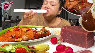 กินปลาดิบๆกับหัวไชเท้าเป็นท่อนๆ แซลม่อนดองซีอิ้วและแซลม่อนแช่น้ำแปลาร้าแซ่บๆค่ะ (พร้อมวิธีทำ)