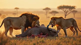 LIONS FEEDING ON BUFFALO 