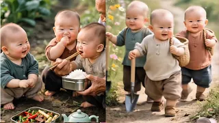 The baby went to pick bamboo shoots to cook for his grandfather while he was working in the field.