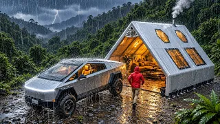 HEAVY RAIN CAMPING ⛈️ LUXURY INFLATABLE TENT WITH TESLA CYBERTRUCK