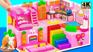 How To Make Pink Bunny House with Bunk Bed, Rainbow Stairs from Polymer Clay ❤️ DIY Miniature House