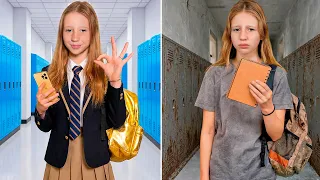 Nastya und ihre Freunde in einer Geschichte über reiche und arme Schulen