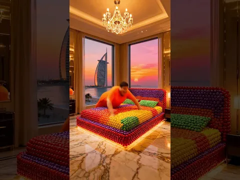 "I LOVE CANDY!"   Jumping on a Rainbow Bed in Dubai! 🍬💥
