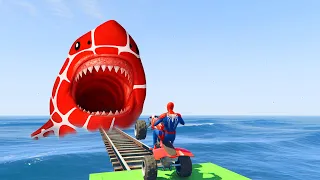 الأبطال الخارقين على القضبان دوامة قمع جسر 🕷️🏍️ RAINBOW SPIDER MAN! on Motorcycle in Spiral Bridge