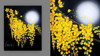 Step by Step acrylic painting on canvas for beginners | moon light night Painting | Tree of flowers