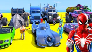 SPIDERMAN Mega City RAMP MULTI Challenge ! SUPERHERO Planes Motors Cars RACE TRACK Part 3 - GTA V