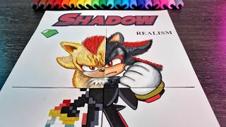 Epic drawing Shadow The Hedgehog in different styles: Realistic, 2D, Emerald-Shining, and Pixel