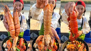 【大食い 】超激辛の生タコ 、中華料理はユニクですね！日本人なら出来ないな。。。！シーフドチャレンジ 、パート กุ้งลายเสือ กุ้งล็อบสเตอร์ ผัดต้มแบบชาวประมง