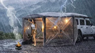 Solo camping in heavy rain - powerful rain adventures in tent and relaxing , ASMR