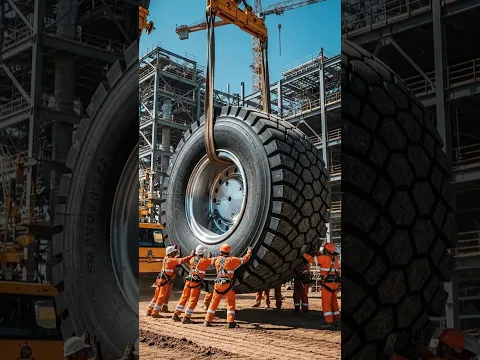 A Colossal Mining Truck Tire Being Maneuvered at a Large Scale Industrial Construction Site