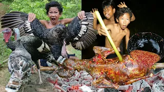 Survival in the rainforest - Primitive cooking turkeying eating delicious