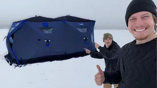 Winter Camping in Massive Portable Ice Shanty!